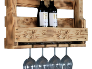 Raft Vere prej Druri për Mur - Me Mbajtëse Filxhanësh - I Flaktë - Gati për Montim - Raft për Shishe dhe Gota Vere